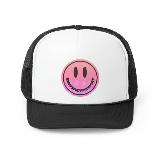 Hat Happy Spirit Happy Life, Aesthetic Sunset Hat, Smile Tumblr Hat, Trendy Trucker Hat, Vsco Girl, Pink Graphic Trucker Hat, Baseball Hat