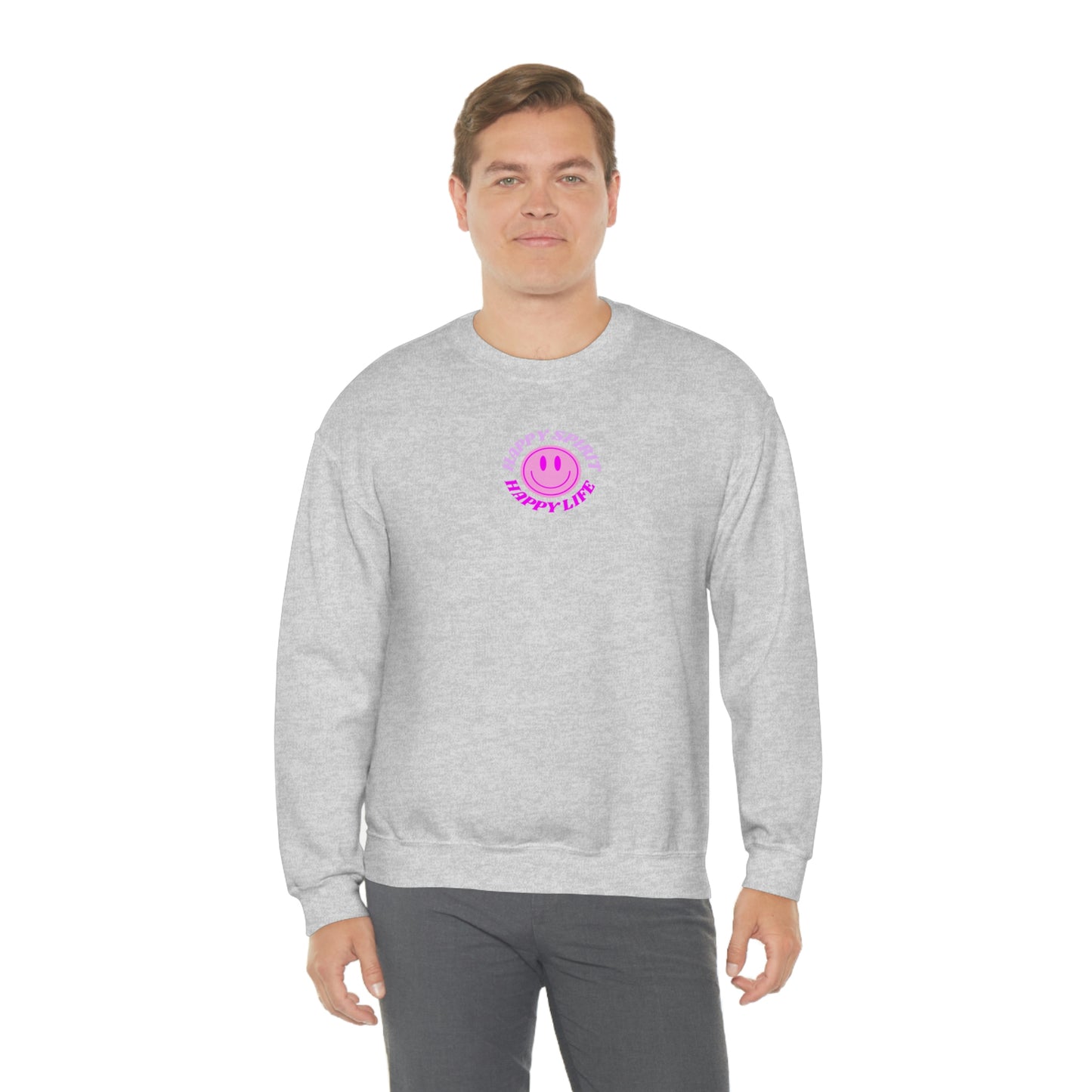Happy Spirit Happy Life Sweatshirt, Gildan VSCO Girl Crewneck, Oversized Tumblr Front Back Print Smile Happy Mind Trendy Retro Surf Font