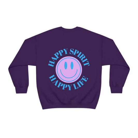 Happy Spirit Happy Life Sweatshirt, Gildan VSCO Girl Crewneck, Oversized Tumblr Front Back Print Smile Happy Mind Trendy Beach Lake Cover Up