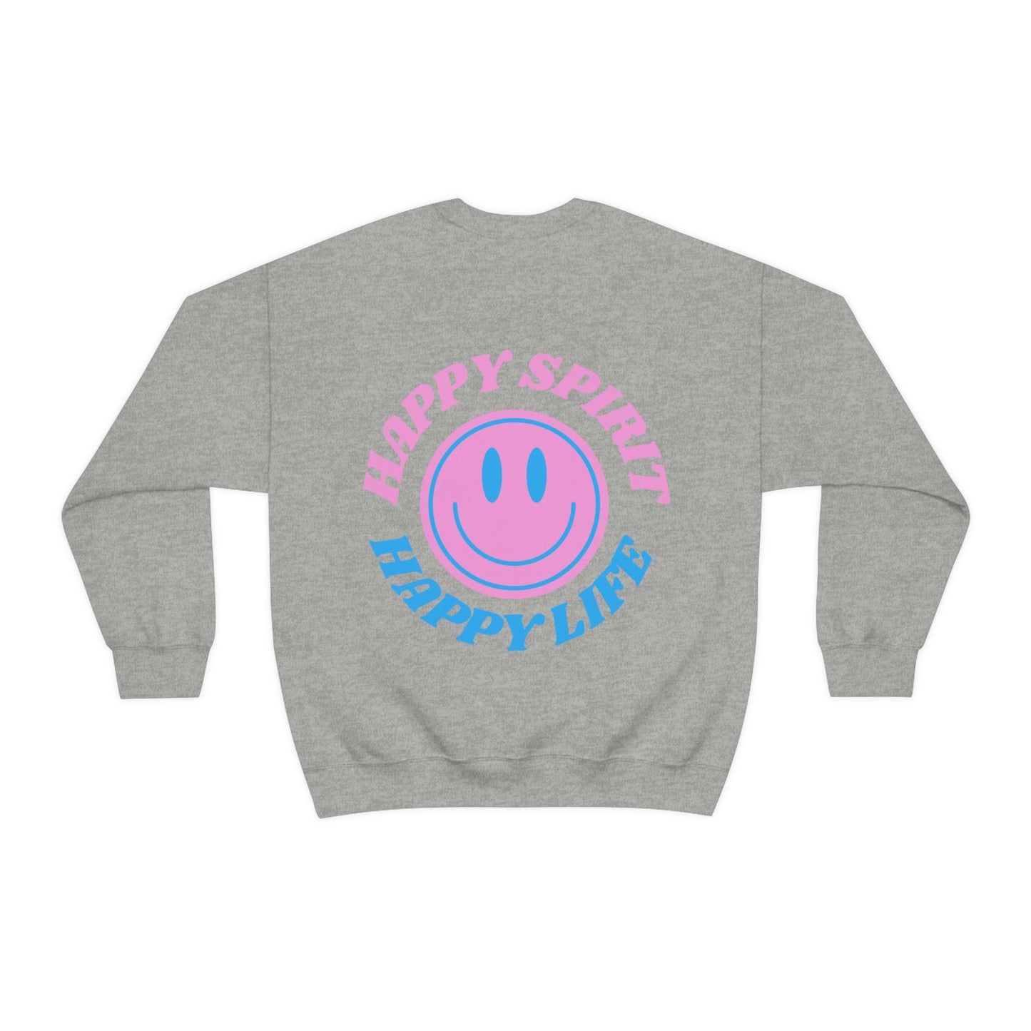 Happy Spirit Happy Life Sweatshirt, Gildan VSCO Girl Crewneck, Oversized Tumblr Front Back Print Smile Happy Mind Trendy Retro Font Surf