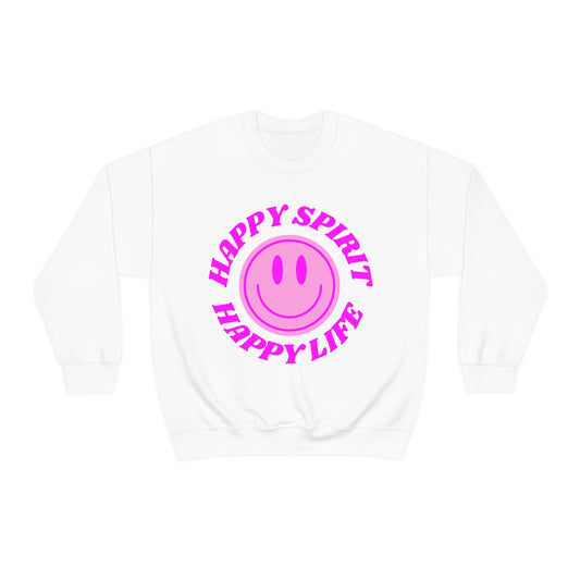 Happy Spirit Happy Life Sweatshirt, VSCO Girl Crewneck, Oversized Retro Font Graphic Tumblr, Front Print Smile Face Trendy Cover Up