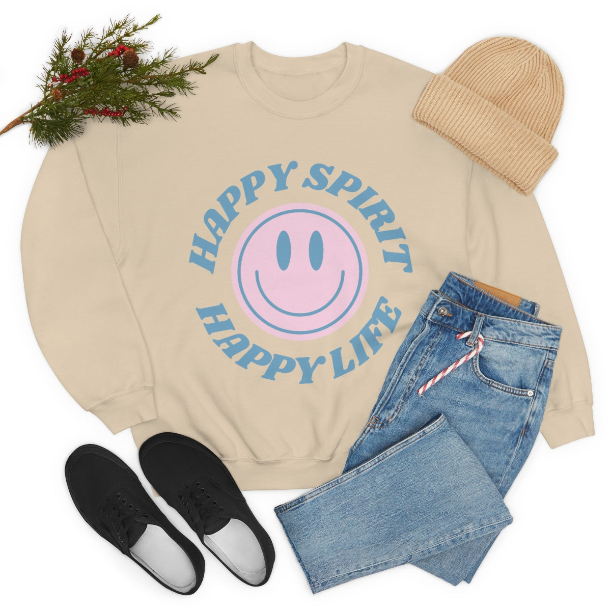 Happy Spirit Happy Life Sweatshirt, VSCO Girl Crewneck, Oversized Retro Font Graphic Tumblr, Front Print Smile Face Trendy Cover Up Top