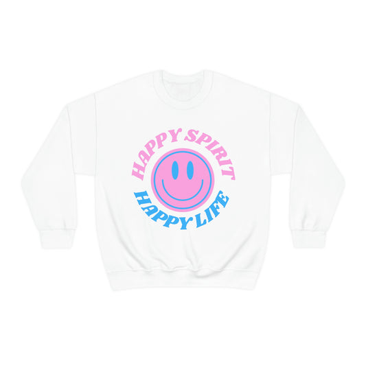 Happy Spirit Happy Life Sweatshirt, VSCO Girl Crewneck, Oversized Retro Font Graphic Tumblr, Front Print Smile Face Trendy Cover Up