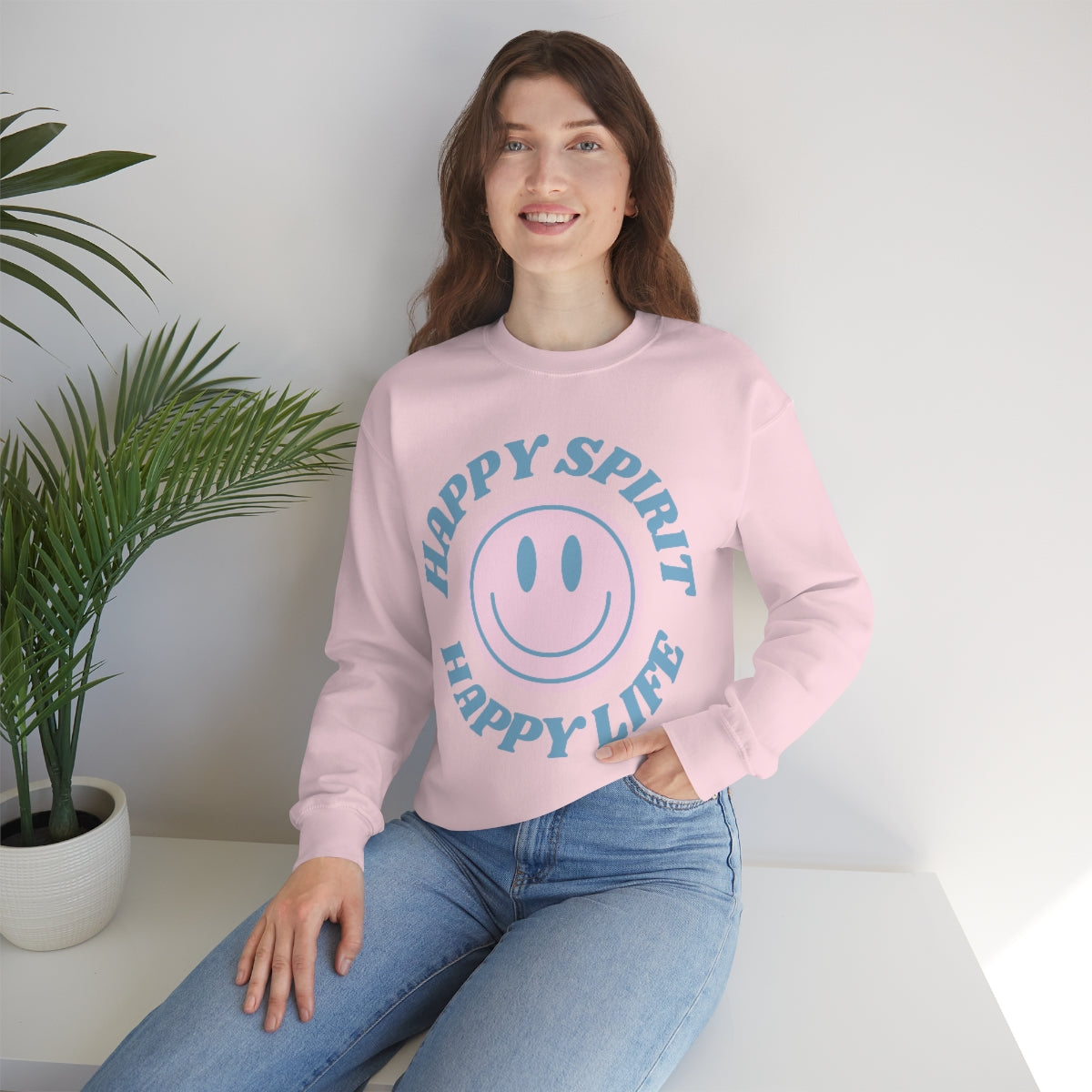 Happy Spirit Happy Life Sweatshirt, VSCO Girl Crewneck, Oversized Retro Font Graphic Tumblr, Front Print Smile Face Trendy Cover Up Top