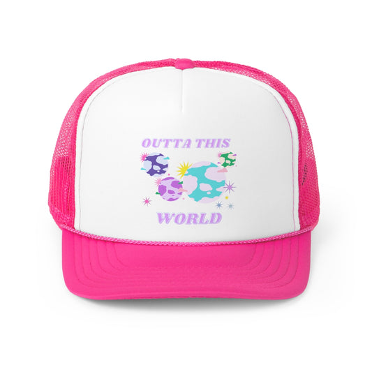 Pink Trucker Hat Outta This World - Aesthetic Hat, Flower Smile Tumblr hat, Trendy Oversized Vsco girl, Pink Graphic Trucker Hat, Base