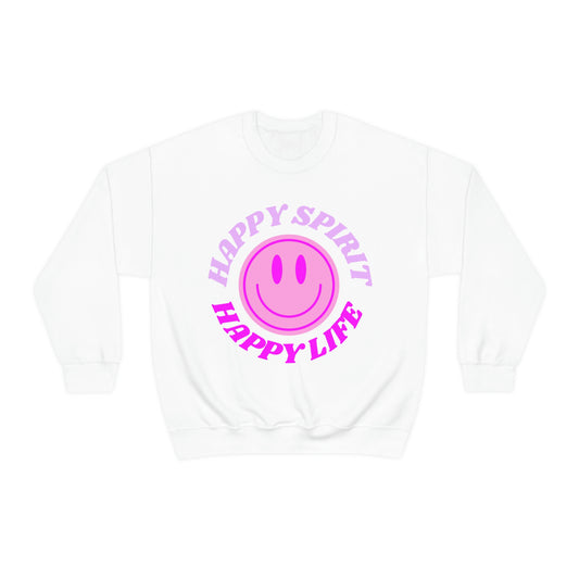 Happy Spirit Happy Life Sweatshirt, VSCO Girl Crewneck, Oversized Retro Font Graphic Tumblr, Front Print Smile Face Trendy Cover Up