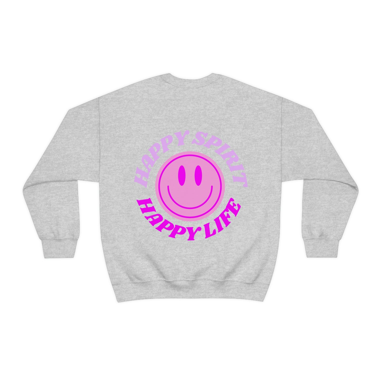 Happy Spirit Happy Life Sweatshirt, Gildan VSCO Girl Crewneck, Oversized Tumblr Front Back Print Smile Happy Mind Trendy Retro Surf Font
