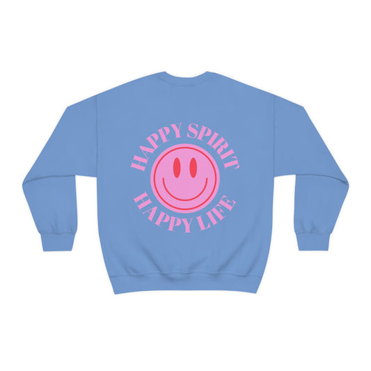 Retro Happy Spirit Happy Life Lavender Lilac Pink Smile Graphic Crewneck, VSCO Girl Sweatshirt, Tumblr Oversized Trendy Back Print Y2k Top