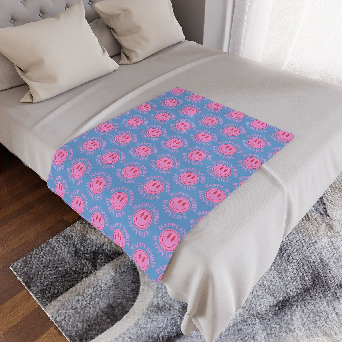 Adult Pink Smile Minky Blanket, Happy Spirit Happy Life Happy Mind Blanket, Aesthetic Blanket, Adult Fleece Smile Pink Y2k Throw