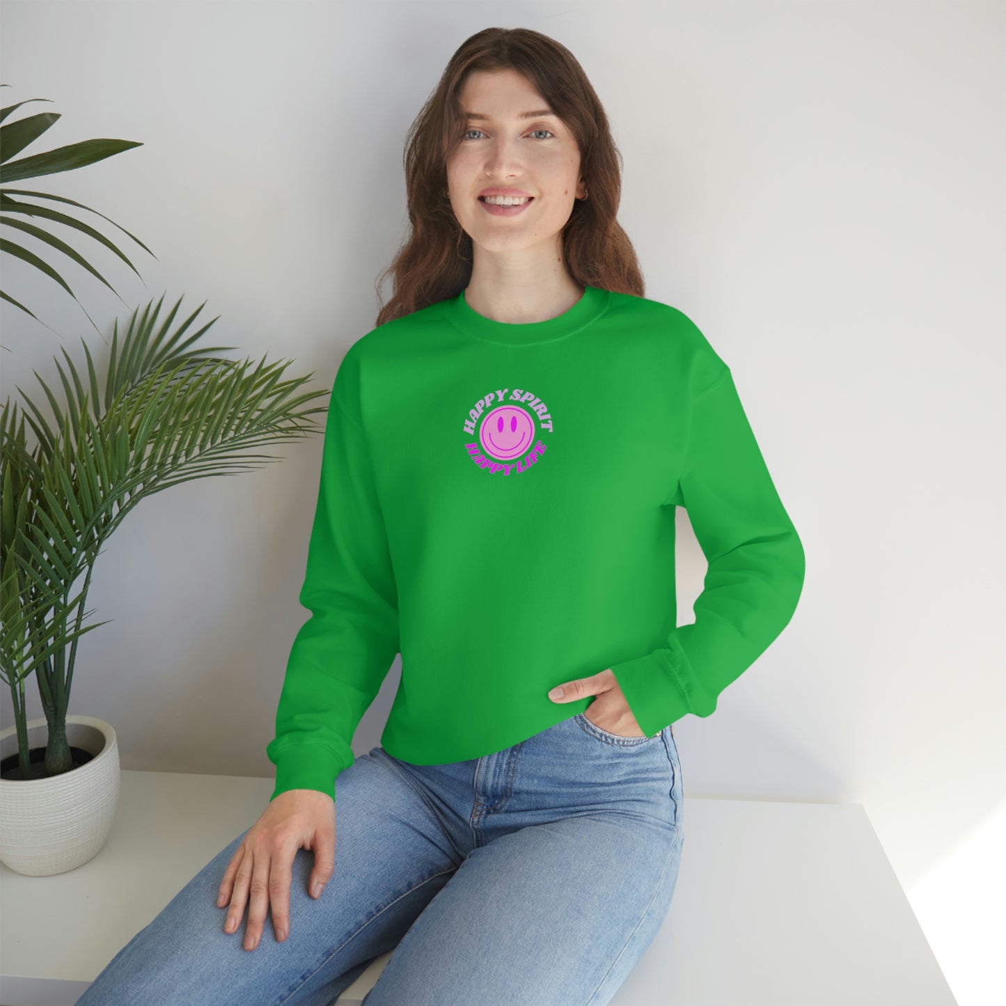 Happy Spirit Happy Life Sweatshirt, Gildan VSCO Girl Crewneck, Oversized Tumblr Front Back Print Smile Happy Mind Trendy Retro Surf Font