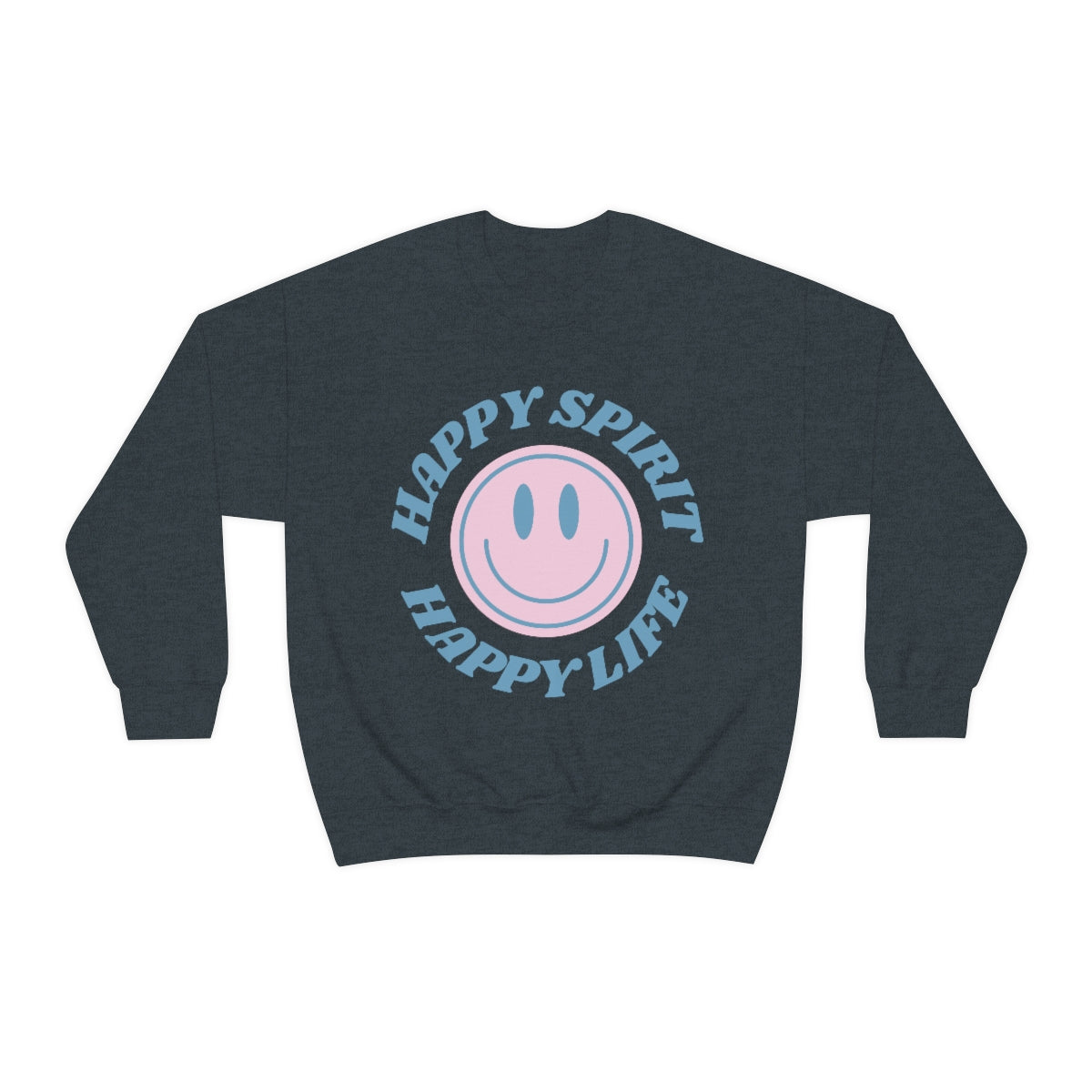 Happy Spirit Happy Life Sweatshirt, VSCO Girl Crewneck, Oversized Retro Font Graphic Tumblr, Front Print Smile Face Trendy Cover Up Top