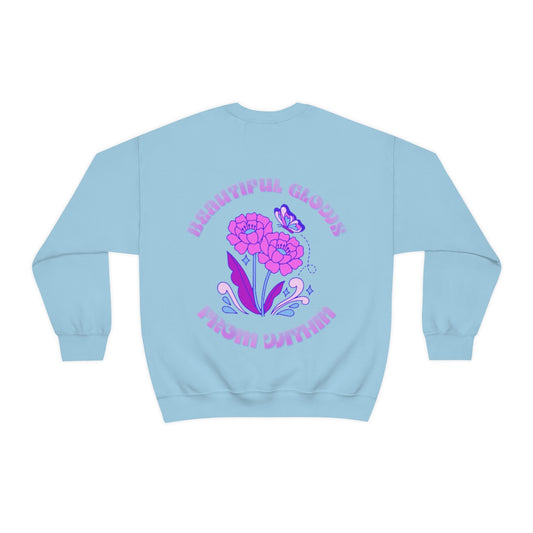 Beautiful Glows from Within Purple Flower Sweatshirt, Oversized Crewneck, Front Back Print Trendy Sweatshirt, Beach Cover Up, Lake Cover Up