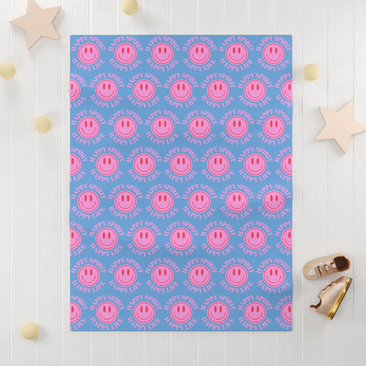 Happy Spirit Happy Life Pink Smile Aesthetic Baby Blanket, Pink Smile Blanket, Pink and Blue Baby Positivity Binkie