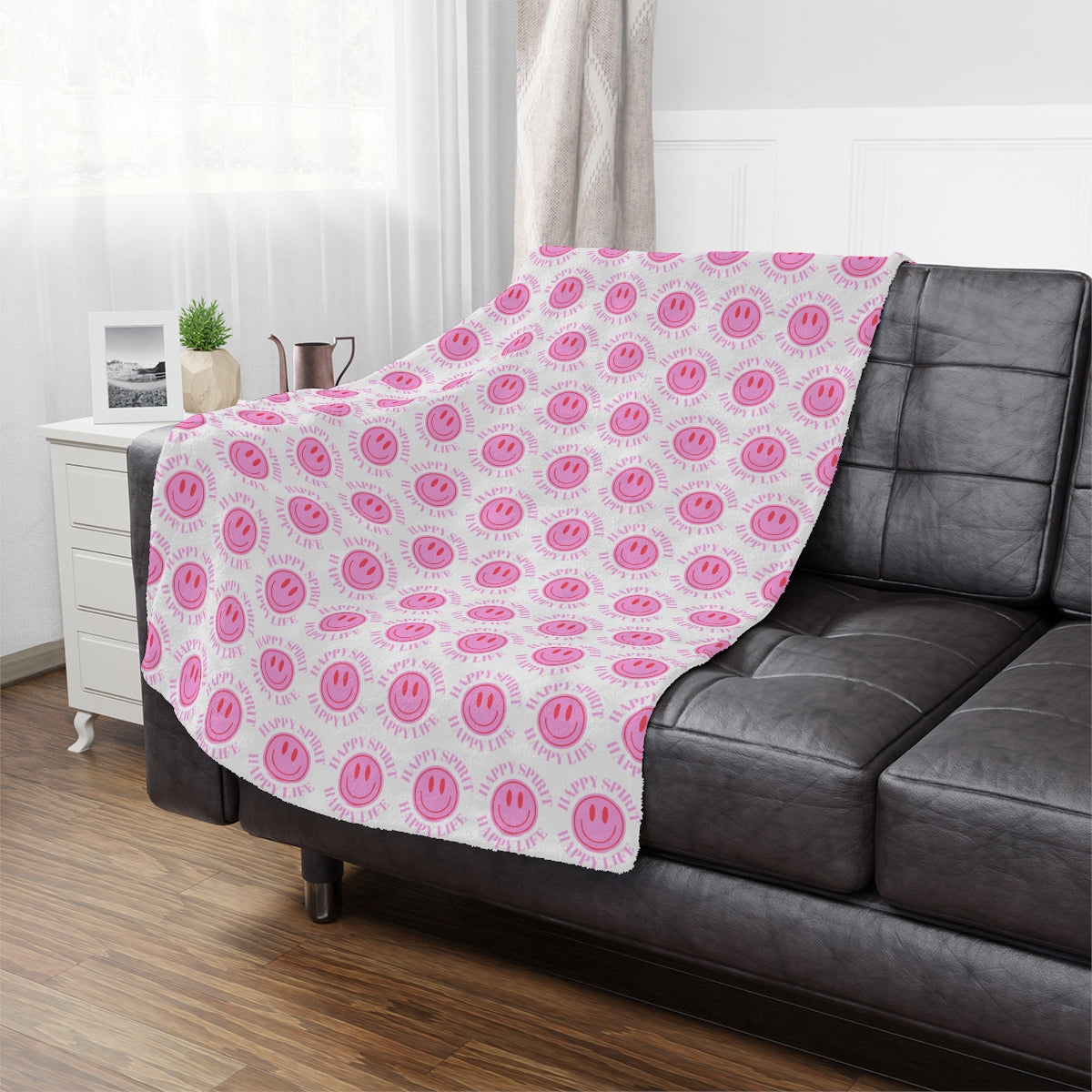 Adult Pink Smile Minky Blanket, Happy Spirit Happy Life Happy Mind Blanket, Aesthetic Blanket, Adult Fleece Smile Pink Y2k Throw