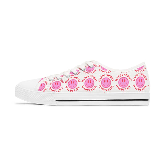 Happy Spirit Happy Life Pink Smile Sneakers, Smile Canvas Low Top Shoes for Women, Vsco Girl Shoes, Tumblr Shoes, White Pink Red Shoes