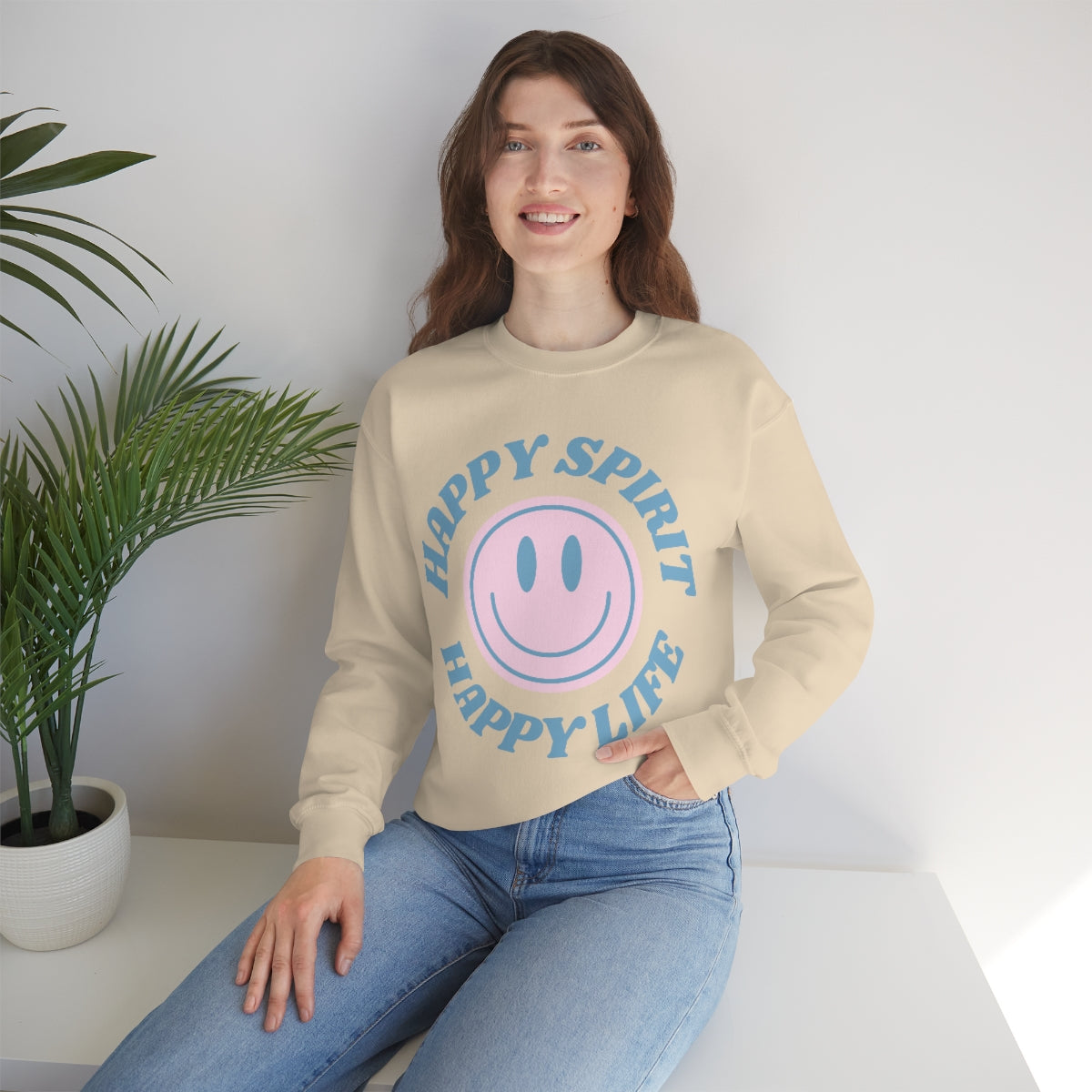 Happy Spirit Happy Life Sweatshirt, VSCO Girl Crewneck, Oversized Retro Font Graphic Tumblr, Front Print Smile Face Trendy Cover Up Top