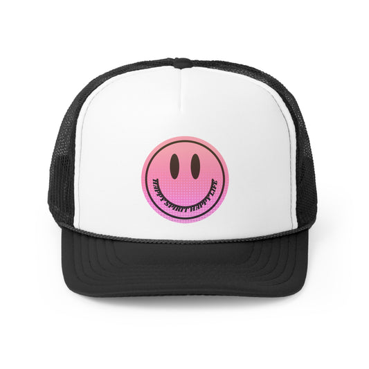 Hat Happy Spirit Happy Life, Aesthetic Sunset Hat, Smile Tumblr Hat, Trendy Trucker Hat, Vsco Girl, Pink Graphic Trucker Hat, Baseball Hat