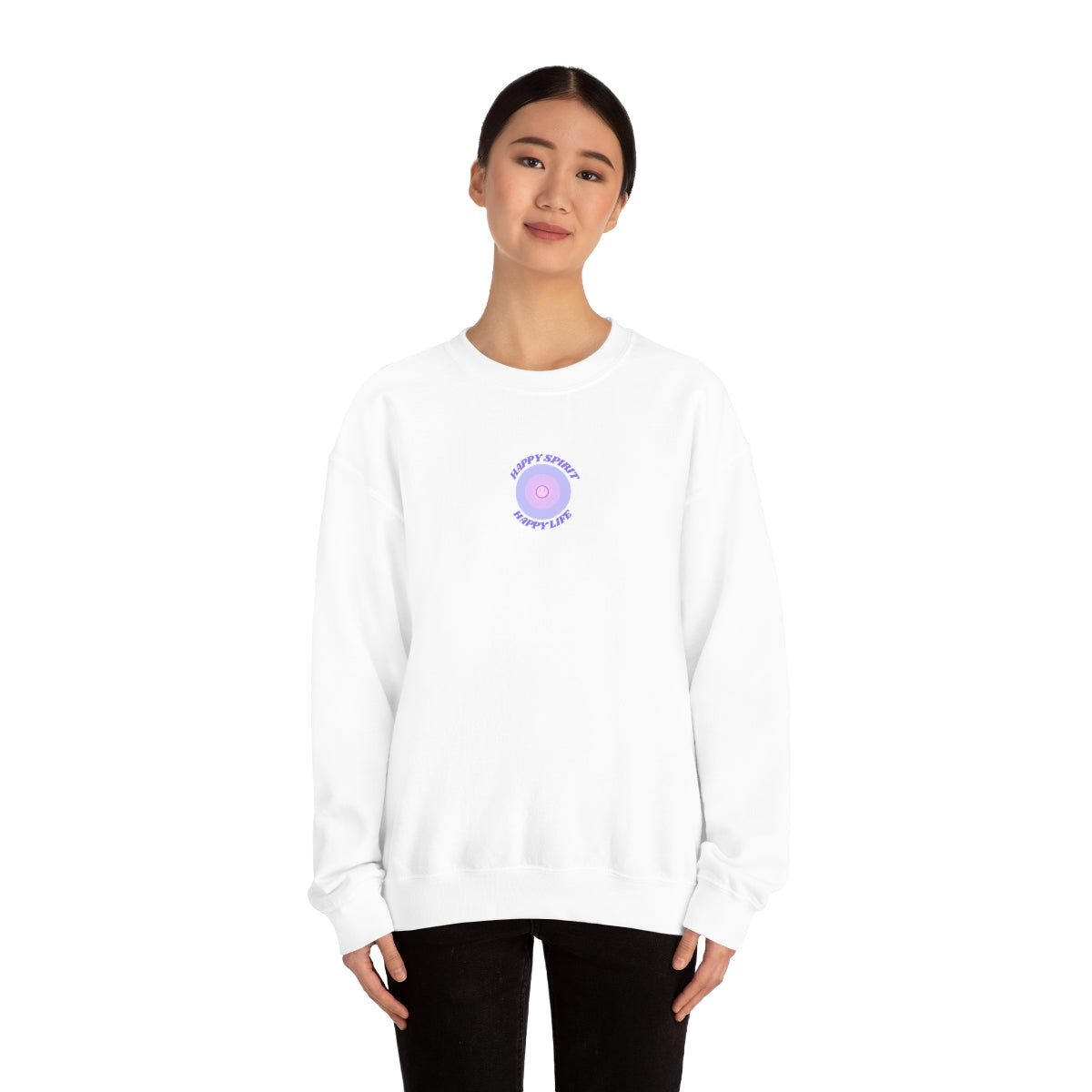 Retro Happy Spirit Happy Life Lavender Lilac Pink Smile Graphic Crewneck, VSCO Girl Sweatshirt, Tumblr Oversized Trendy Back Print Pullover