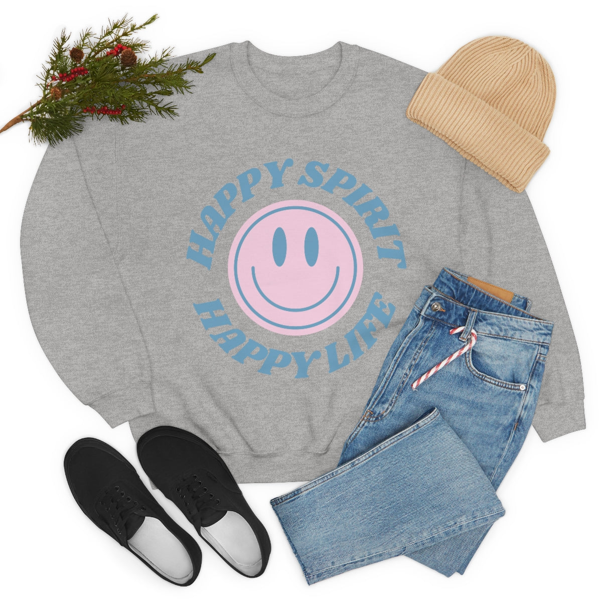 Happy Spirit Happy Life Sweatshirt, VSCO Girl Crewneck, Oversized Retro Font Graphic Tumblr, Front Print Smile Face Trendy Cover Up Top