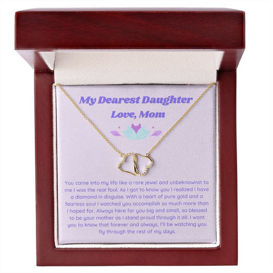 Gift to Daughter from Mom, Everlasting Love Minimalist Necklace, Gold and Diamond Double Heart Necklace for Girl with Retro Aesthetic Card