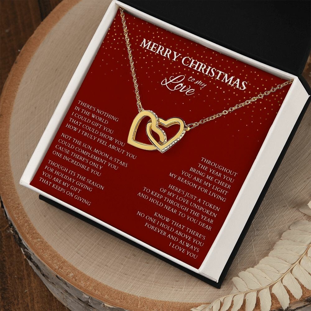 Wife Gift, Merry Christmas to My Love Necklace, Interlocking Hearts Christmas Gift for Wife or Lover or Daughter, Girlfriend Holiday Gift