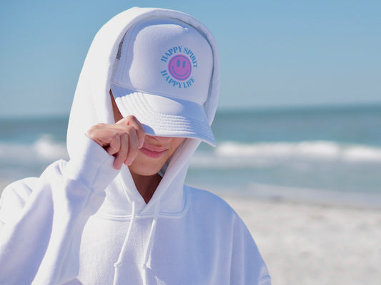 White Hat Happy Spirit Happy Life- Aesthetic Trucker Hat, Smile Tumblr hat, Trendy Oversized hat, Vsco girl, Pink Graphic Trucker Hat, Baseball Hat