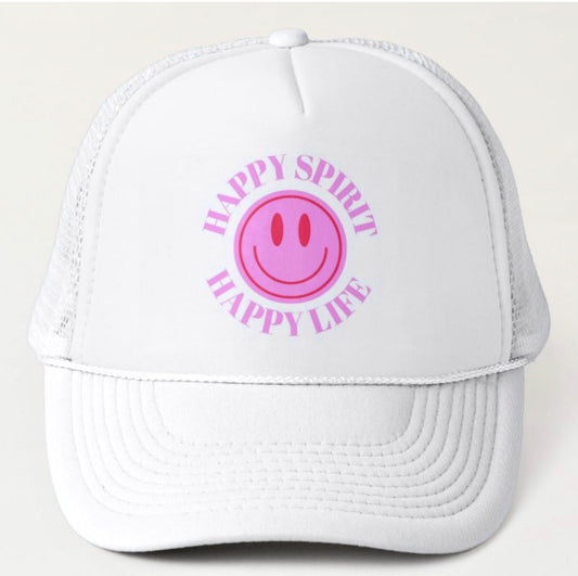 Hat Happy Spirit Happy Life- Aesthetic Hat, Smile Tumblr hat, Trendy Oversized hat, Vsco girl, Pink Graphic Trucker Hat, Baseball Hat
